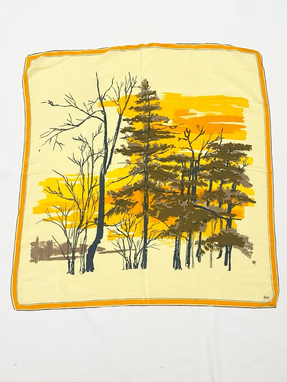 Scarves By Vera Neumann Hand Rolled Silk Scarf Forest Print Orange Yellow Fall